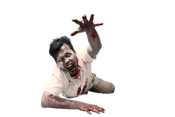 scary zombie with blood and wound on his body crawling - monster horror spooky human face imagens e fotografias de stock