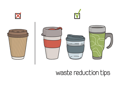 Waste reduction tips. Choice of reusable cups instead of disposable ones for drinks to go. Bring your own cup concept. Zero waste lifestyle