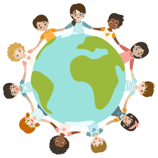 Diverse peace kids holding by hands around the planet earth. Multiracial kids circle surrounded world. Diverse peace kids holding by hands around the planet earth. Multiracial kids circle surrounded world. kids holding hands stock illustrations