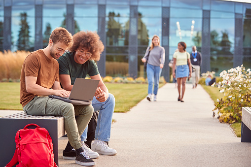 Estudiantes universitarios o universitarios masculinos sentados al aire libre en el campus hablando y trabajando en una computadora portátil photo