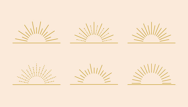 ilustrações de stock, clip art, desenhos animados e ícones de vector set of linear boho geometric sun shines, sun logo design templates, abstract shining suns, retro style, golden color. - passenger ship sunset summer sun