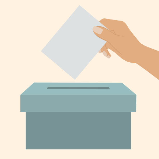 ilustraciones, imágenes clip art, dibujos animados e iconos de stock de concepto de votación con urna y papeleta de mano humana - voting election ballot box box