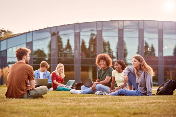 istock Group Of University Or College Students Sit On Grass Outdoors On Campus Talking And Working 1353373645