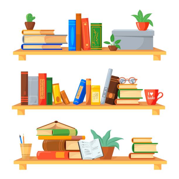 stacks books shelf. book interior room library, bookshelf bookcase rack, shelves bookstore office, wall with bookshelves, furniture cabinet, flat icon neat vector illustration - 書櫃 幅插畫檔、美工圖案、卡通及圖標