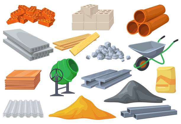 Building materials heaps. Construction material pile of cement stones bricks masonry blocks, metal roof tile, wooden planks, concrete mixer raw, flat cartoon neat vector icons Building materials heaps. Construction material pile of cement stones bricks masonry blocks, metal roof tile, wooden planks, concrete raw vector. Illustration of pile construction, heap material concrete illustrations stock illustrations