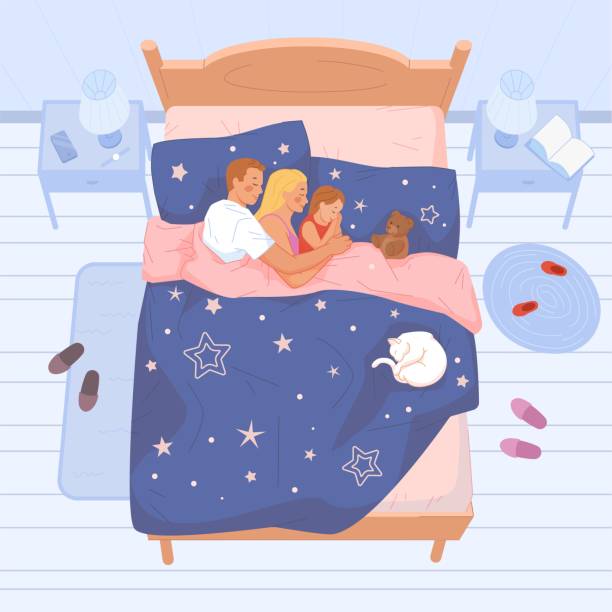 ilustrações, clipart, desenhos animados e ícones de família dormindo juntas. pai mãe bebê dormir na cama, pai mãe dormindo filho, casal abraçar homem mulher no quarto, criança deitado travesseiro, gato de soneca noite de desenho animado, ilustração vetor swanky - sleeping child cartoon bed