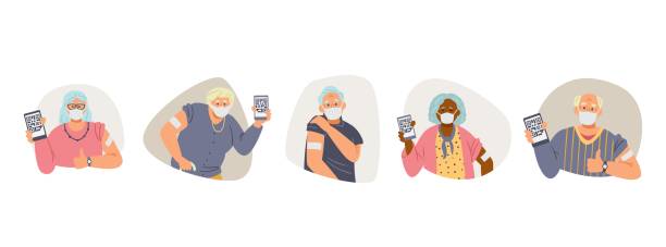 Vaccinated Elderly people Vaccinated Elderly people flat vector collection.  Senior men and women in face masks show hands with patch holding phones with health passport. senior getting flu shot stock illustrations
