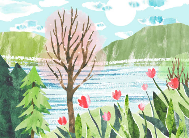 illustrations, cliparts, dessins animés et icônes de illustration vectorielle romantique printanière dessinée à la main avec des arbres, une rivière, des collines et des fleurs de couleurs vertes et roses. conception d’aquarelle nature - tulip field flower cloud