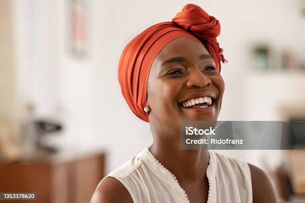 Cheerful African Woman Wearing Trendy Red Headscarf Stock Photo - Download Image Now