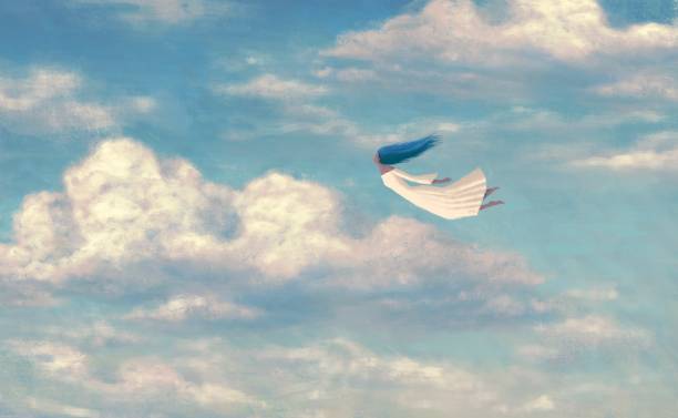 Freedom Woman flying in the sky . surreal illustration. concept idea of freedom imagination inspiration dream and motivation. conceptual painting. art abstract oil painting for beginners stock illustrations