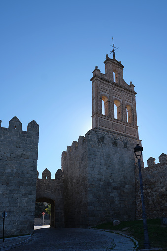 Puerta del Carmen in Avila, Spain. It is one the most emblematic gates with a bell gable at the Walls of Avila, situated in the north part of the city. Seen from the outside of the Walls.