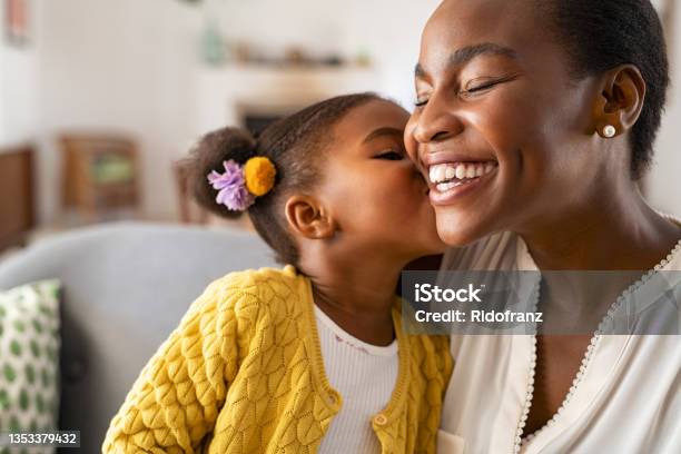 Cute little girl kissing mother on cheek
