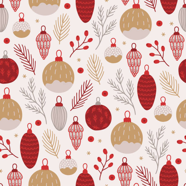świąteczny bezszwowy wzór z kulkami, jagodami, szyszkami, gałęziami jodły, płatkami śniegu - 6005 stock illustrations