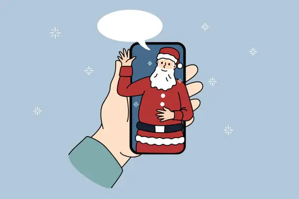 Vector illustration of Person talk on video call with Santa Claus