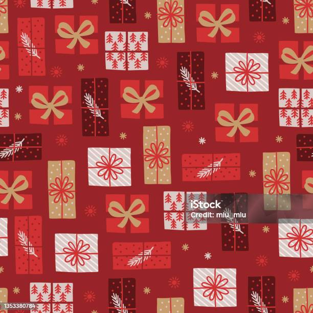 Christmas Seamless Pattern With Gift Boxes Snowflakes Bows Scandinavian Style-vektorgrafik och fler bilder på Julklapp