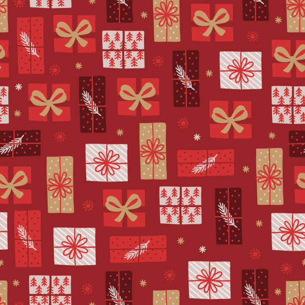 Christmas seamless pattern with gift boxes, snowflakes, bows. Scandinavian style Christmas seamless pattern with gift boxes, snowflakes, bows on dark red background. Scandinavian style. Perfect for winter holidays, xmas wallpaper, wrapping paper, fabric. Vector illustration christmas present stock illustrations