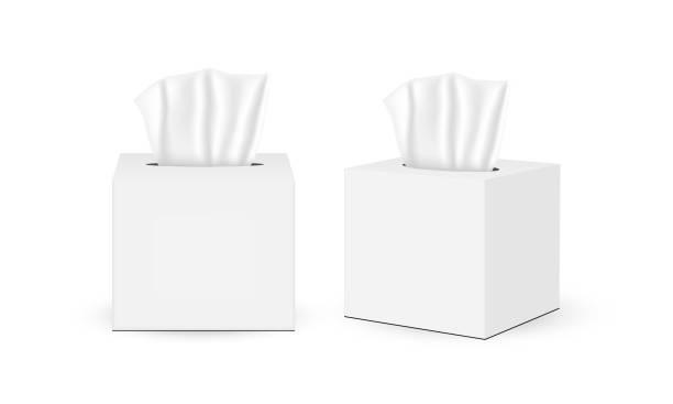 квадратные коробки с тканями, изолированные на белом фоне, вид спереди и сбоку - tissue stock illustrations