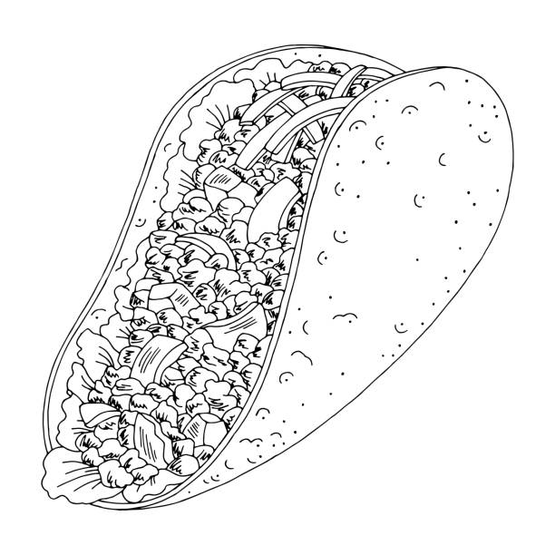 ilustrações de stock, clip art, desenhos animados e ícones de tacos graphic black white isolated sketch illustration vector - sandwich sketch cartoon line art