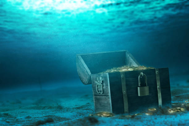istock Wooden treasure chest underwater scene 1353383786