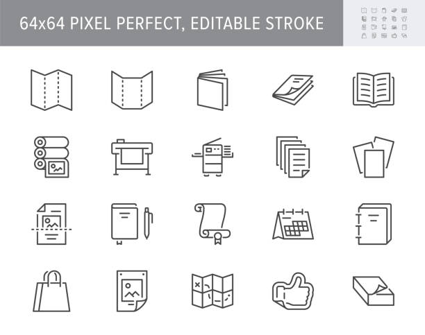 printing house line icons. vector illustration include icon - large format, brochure, booklet, typography, guidebook, calendar outline pictogram for polygraphy. 64x64 pixel perfect, editable stroke - broşür stock illustrations