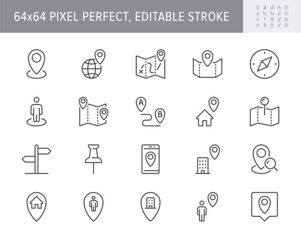 stockillustraties, clipart, cartoons en iconen met location line icons. vector illustration include icon - gps, paper map, globe, information sign, compass, smartphone, work, job outline pictogram for navigation. 64x64 pixel perfect, editable stroke - locatiekaart