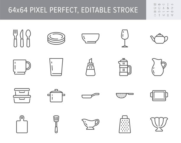 bildbanksillustrationer, clip art samt tecknat material och ikoner med kitchen utensil line icons. vector illustration include icon - tableware, dish, pan, casserole spatula, plate, wineglass, cup, mug, frenchpictogram for crockery. 64x64 pixel perfect, editable stroke - bakplåt