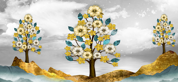 3d illustration wallpaper landscape art.
brown trees with golden flowers  and turquoise mountains in light gray background with white clouds.
for interior modern decor