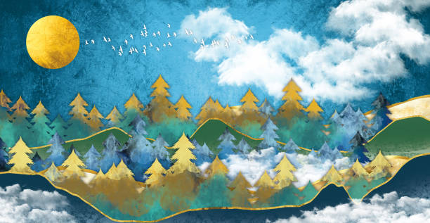 istock 3d modern art mural wallpaper with Jungle , forest background. colorful christmas trees, mountains, moon with white birds and white cloud. 1353385072