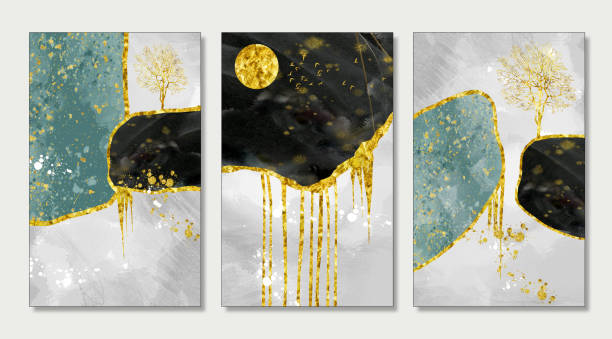 istock 3d abstract wallpaper for wall frames . resin geode and marble art, functional art, like watercolor geode painting . golden, black, turquoise and gray marble background with moon, birds and trees 1353385330