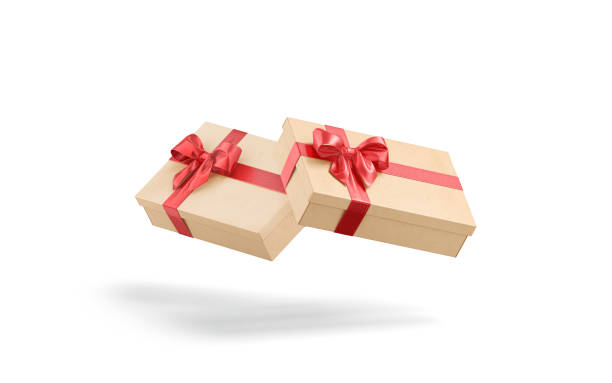 Blank craft gift box with red ribbon bow mockup, isolated Blank craft gift box with red ribbon bow mockup, isolated, 3d rendering. Empty flat unexpected present for holiday mock up, no gravity. Clear rectangular case with riband for festive prize template. unusual basket stock pictures, royalty-free photos & images
