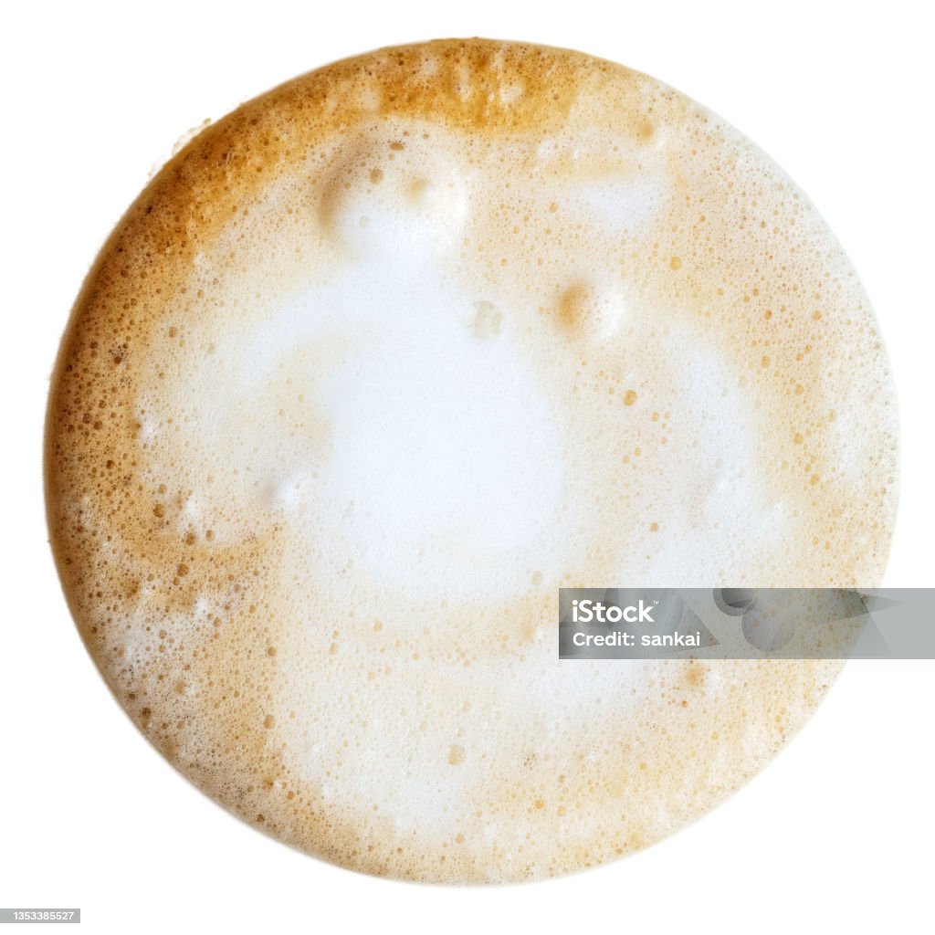 Coffee foam, directly above, isolated on white Frothy Drink Stock Photo