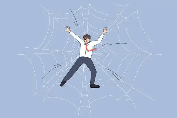 Vector illustration of Worried businessman trapped in spider web