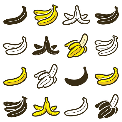 Vector outline and silhouette illustration of banana icons