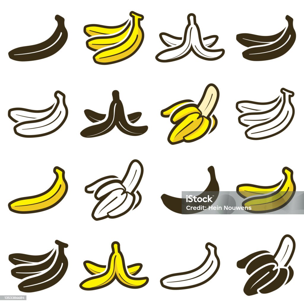 Banana icon collection - vector outline and silhouette Vector outline and silhouette illustration of banana icons Banana Peel stock vector