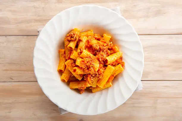 Tortiglioni bolognese pasta dish for helthy eating
