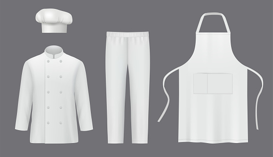 Chef uniforms. Professional suit clothes for cooks jackets and pants decent vector realistic uniform for characters. Illustration of wear professional uniform