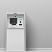 istock Realistic ATM machine empty gray indoor outdoor vector illustration. Portable bank office technology 1353395891