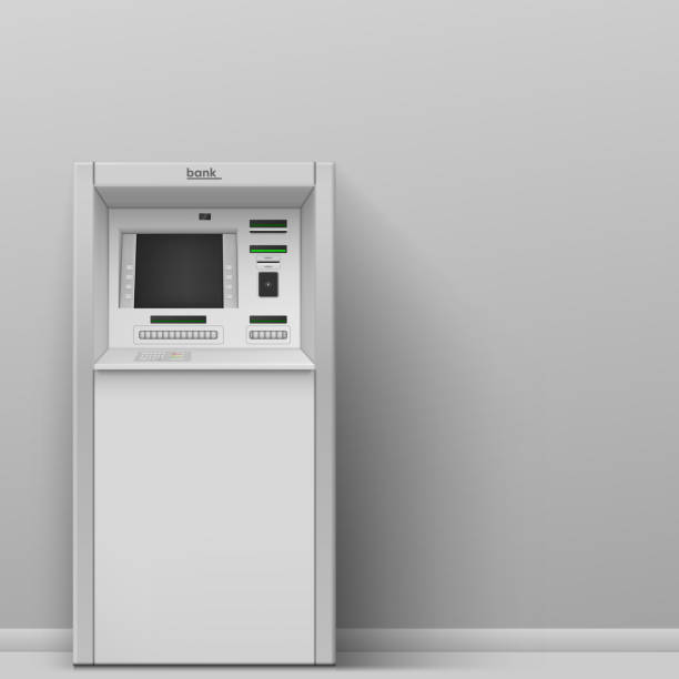 Realistic ATM machine empty gray indoor outdoor vector illustration. Portable bank office technology Realistic ATM machine at empty gray indoor outdoor vector illustration. Portable bank office technology equipment for money online transaction, payment, receiving cash. Commercial automatic payment atm illustrations stock illustrations