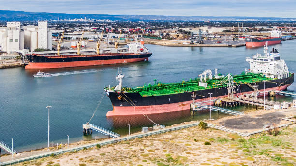 istock Aerial view of  bulk tanker ship moored in river harbour, with bulk grain carrier & container ship. 1353395988