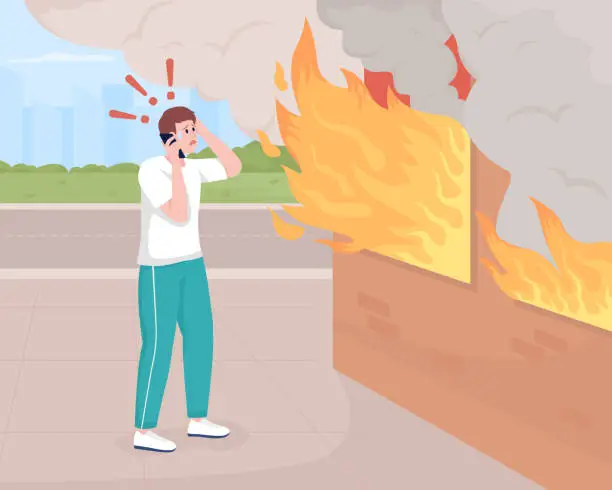 Vector illustration of Man calling fireman flat color vector illustration