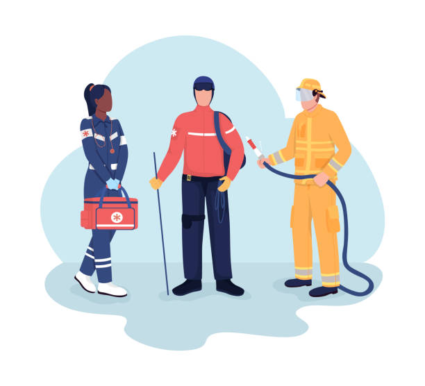 Rescuers 2D vector isolated illustration Rescuers 2D vector isolated illustration. Social service people. Lifesaver and fireman. Woman and man in uniform flat characters on cartoon background. Emergency situation help colourful scene emergency first response stock illustrations