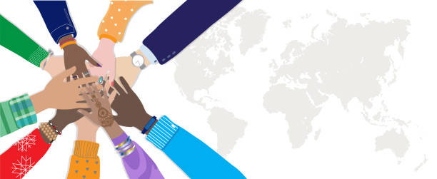 Diverse people hands round at world map Diverse people holding hands together in circle at world map background. Multinational group, international community, multicultural team, different ethnic friends, symbol of peace, friendship, tolerance, equality , support. Vector banner with white background, place for text. equality stock illustrations