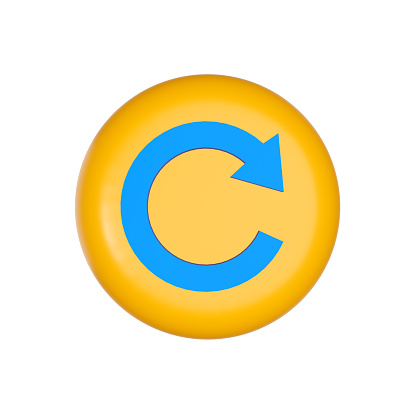 Blue reload icon on a yellow round shape.  Web button. 3D rendering