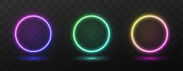 Vector illustration of Collection of glowing gradient neon circle frames on dark background with copy space. Vector isolated illustration.
