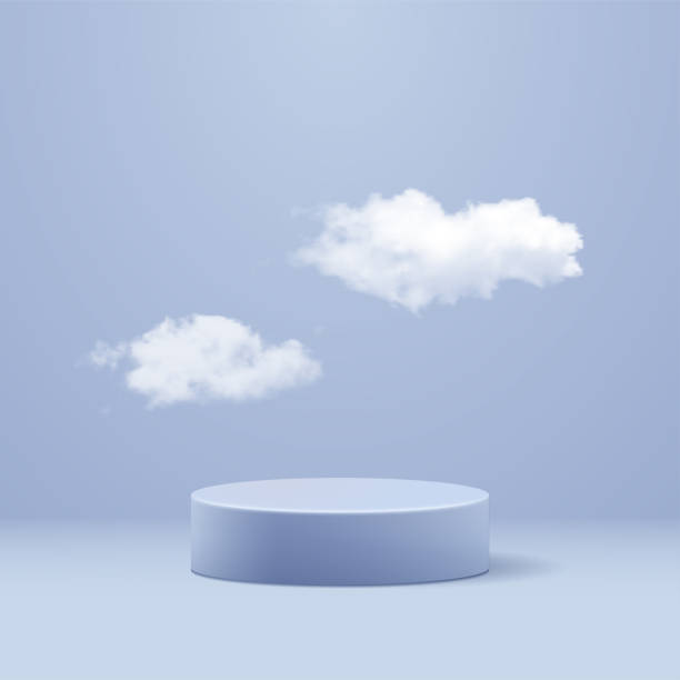 реалистичные белые пушистые облака и подиум продукта на синем фоне. макет для вашего дизайна. векторная иллюстрация. - облаков stock illustrations