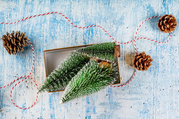 istock Decorative toy Christmas trees in a Christmas gift box on a white background 1353399026