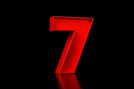 Red Number 7 on Black background with reflection