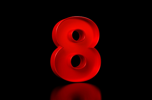 Red Number 8 on Black background with reflection