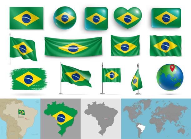istock Set of Brazil flags of various shapes and maps 1353400466
