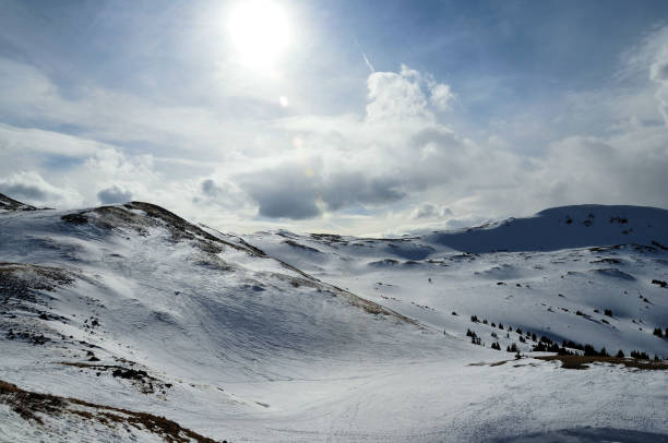 Perfect ski slope.  High mountain  landscape  At the top. Italian Alps  ski area. Ski resort PASSO TONALE. Italy, Europe.